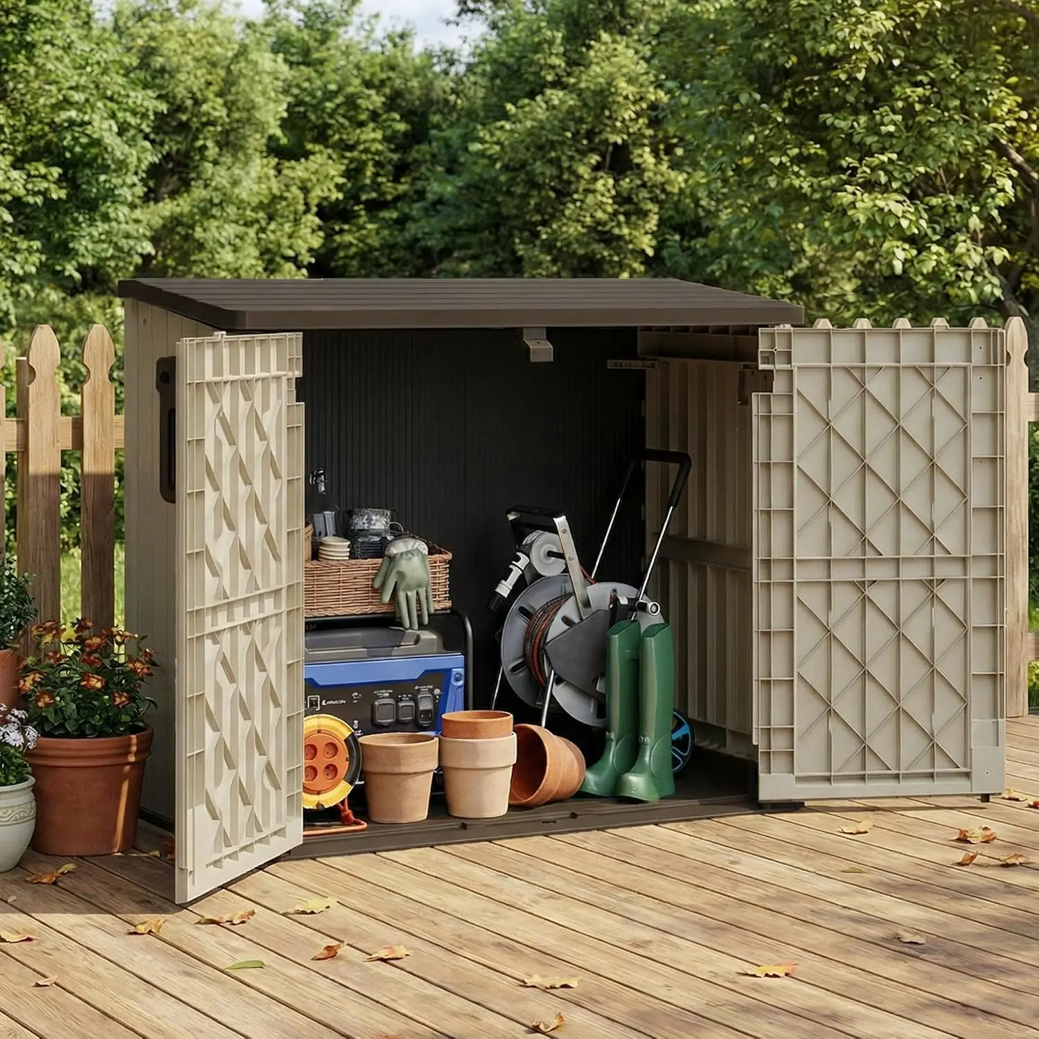 

Водонепроницаемый уличный ящик для хранения из полимерной смолы, переносной запираемый горизонтальный садовый шкаф