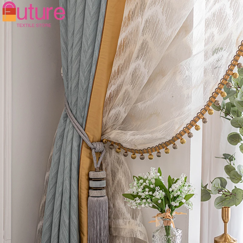 

American Light Luxury Blue High-precision Jacquard Splicing High-end Curtains for Living Dining Room Bedroom