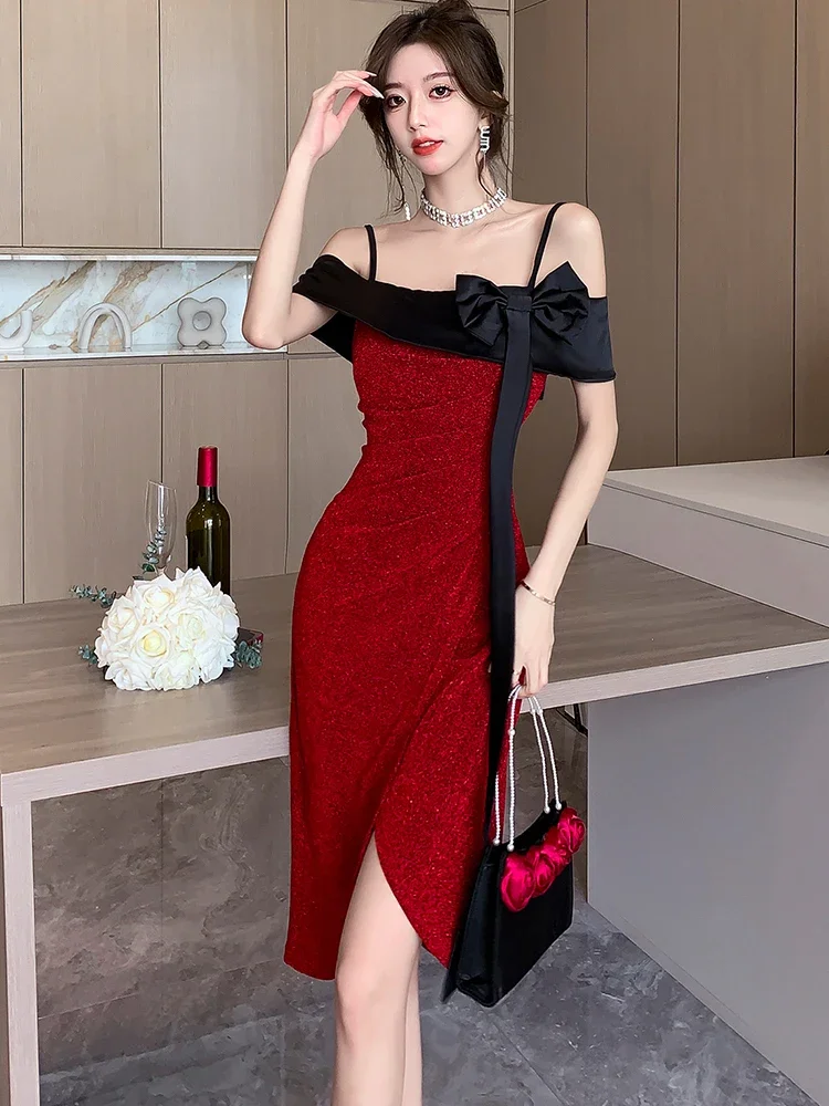 Red Patchwork Black Bow Chic Gala Dresses Woman Summer Elegant Bodycon Sling Sexy Dress 2024 Korean Luxury Party Evening Dresses