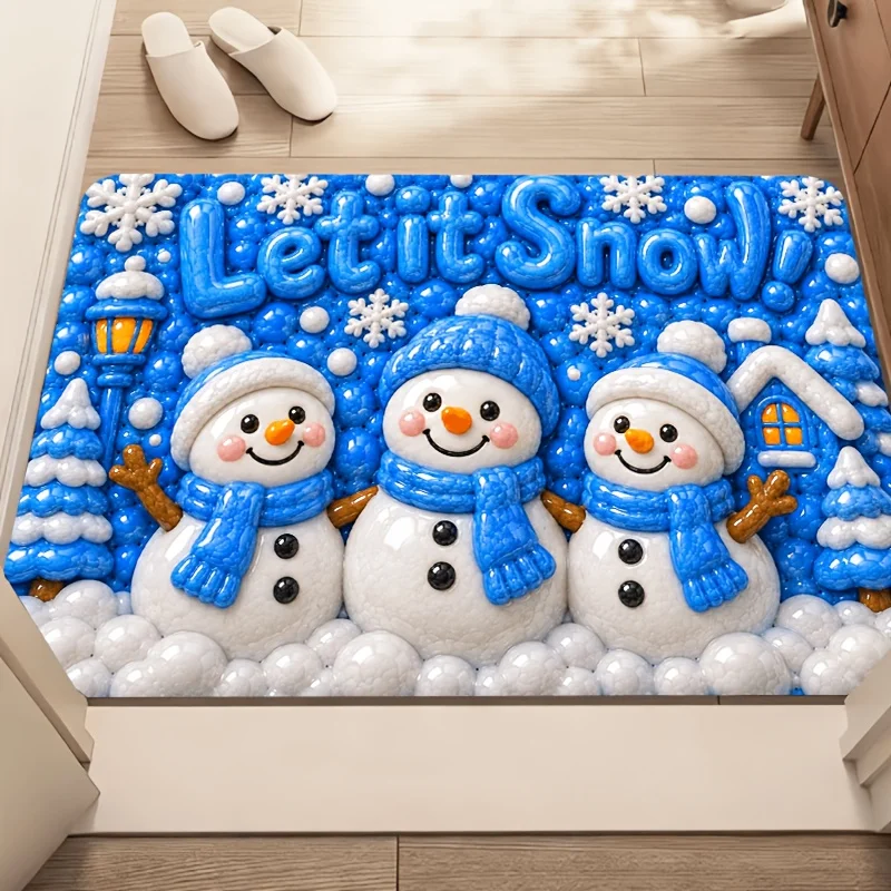 Vibrant Blue Let It Snow Three Snowman Print Durable Washable Floor Mat For Festive Winter Season Home Entrance Decor