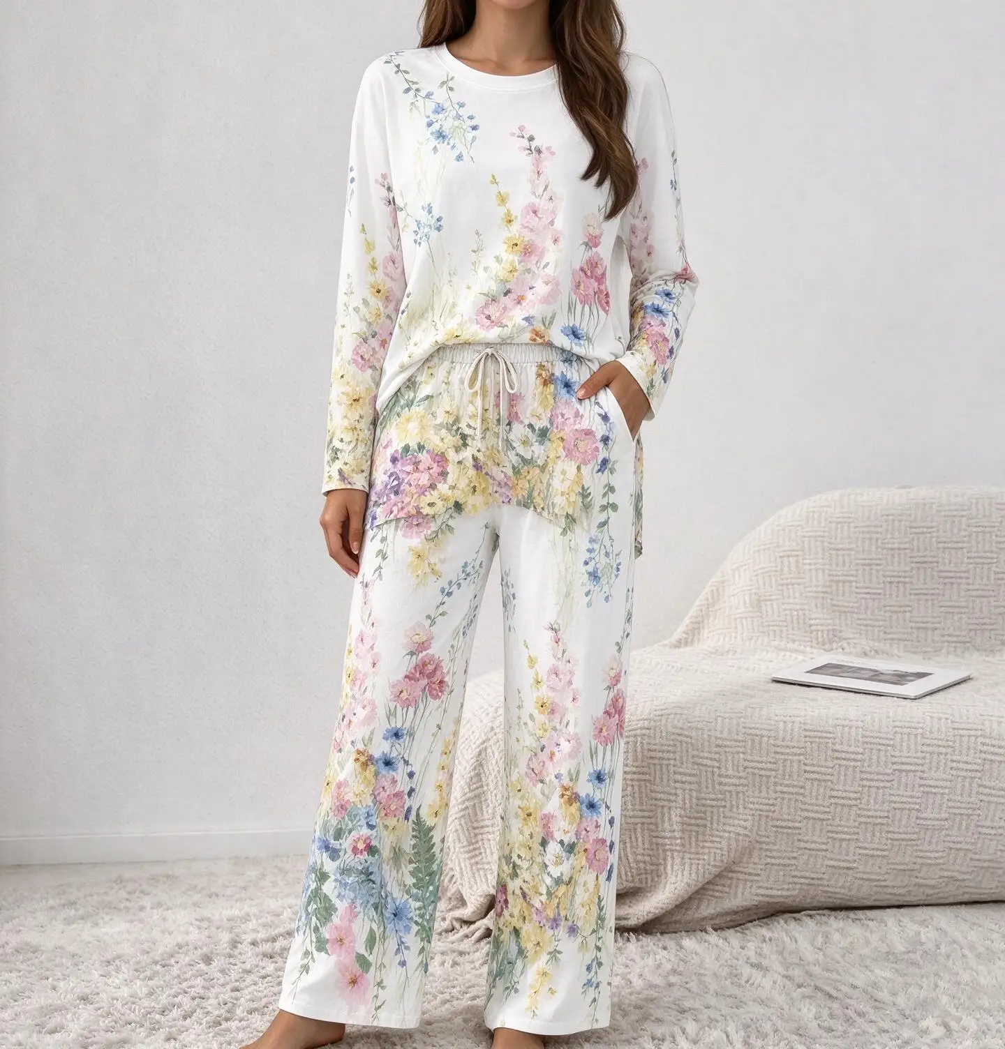 Women Imitation Cotton Pajama Set Watercolor Pastel Floral Print Round Neck Long Sleeve 2PCS Sleepwear Loungewear