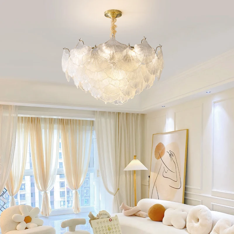 Maple Leaf Cluster Ceiling Light Shell Small Chandelier Living Room Dining Island Decoration French Retro Pearl Glass Chandelier