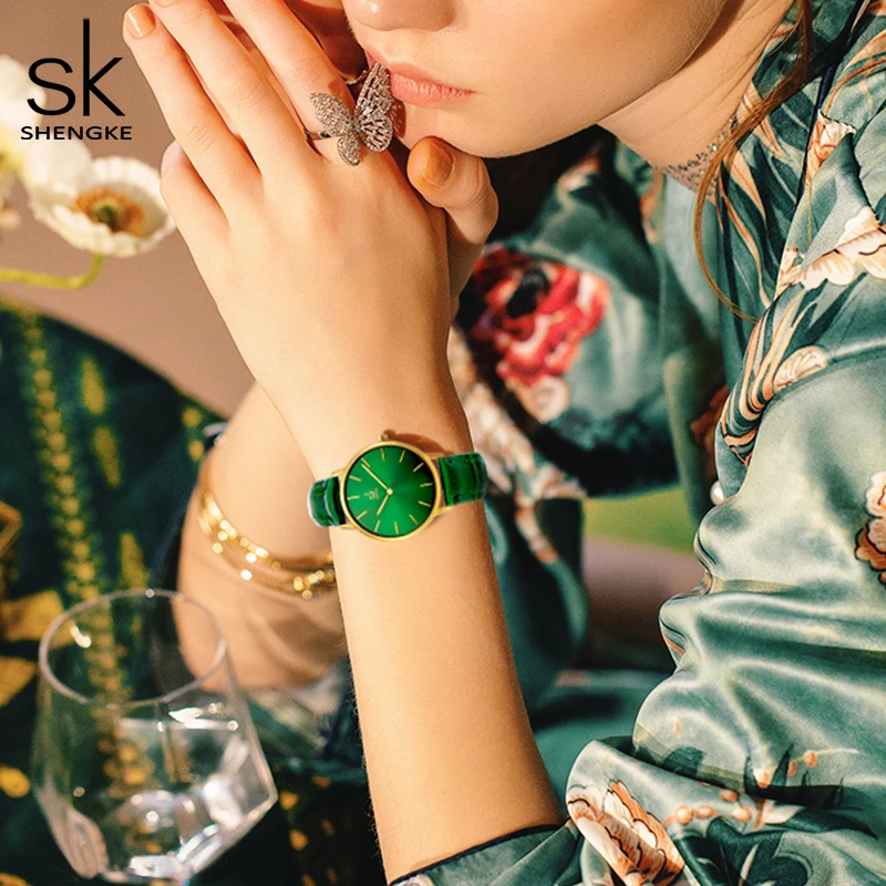 Shengke Fashion Leather Strap Women Watches Green Watch for Women Reloj Mujer Casual Ladies Quartz Wristwatches Relogio Feminino