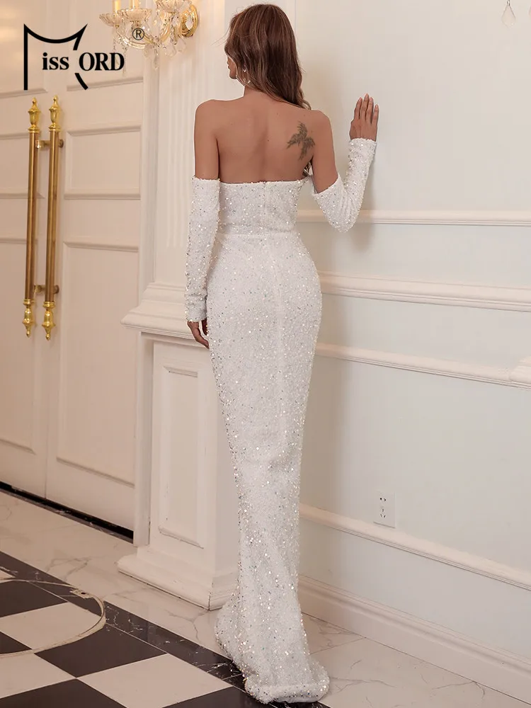 Missord White Wedding Party Dress Women Elegant Off the Shoulder Long Sleeves Sequin Bodycon Maxi Evening Prom Formal Dress Gown