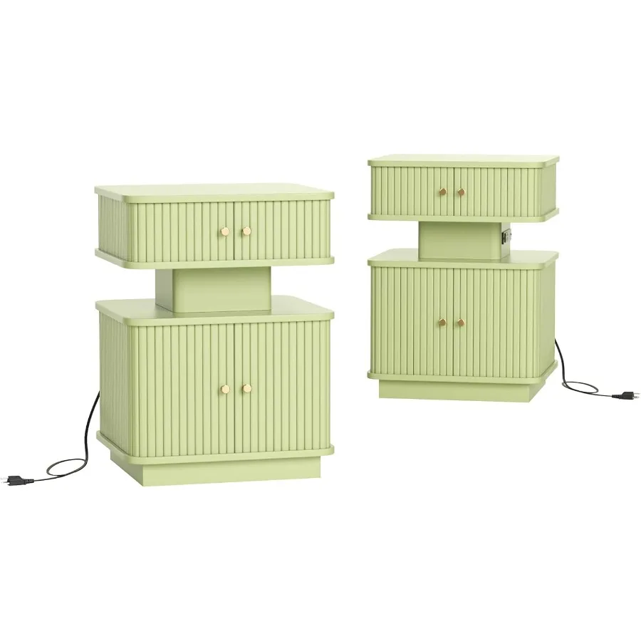 Nightstands Set of 2 with Charging Station Modern Night Stands Set 2 with Smart Led Light and Small Sliding Door Cabinets Curvy