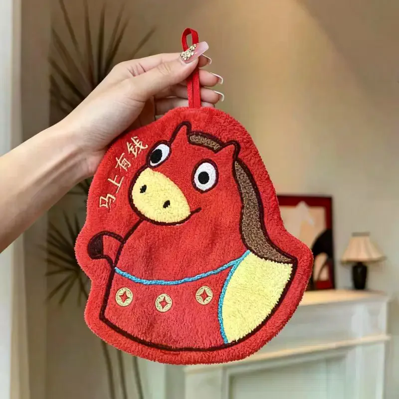 

Полотенце для рук с рисунком лошади, коралловый флис, китайский Новый год, домашние кухонные салфетки, утолщенные подвесные впитывающие полотенца с лошадью для ванной комнаты