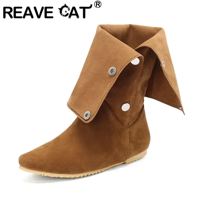 

REAVE CAT Flock Suede Women Knee High Boots Round Toe Flats Button Double Use Extended Size 46 47 48 Casual Daily Tall Booties