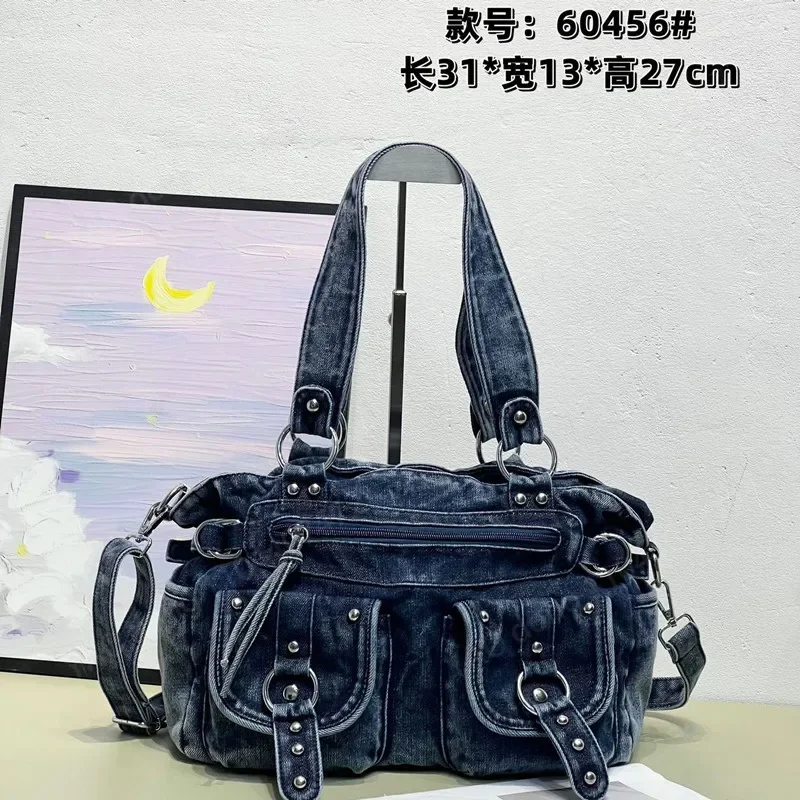 Yao Dong 2024 new Korean version of fashion retro multi-pocket wash punk cowboy trend female bag hand bill of lading shoulder cr