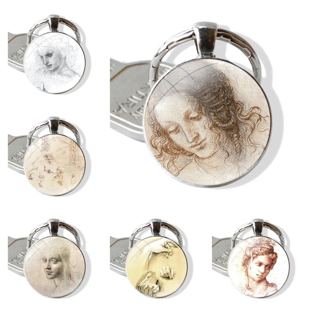 Italy leonardo da vinci art work Glass Metal Pendant Key Chain Classic Men Women Key Ring Accessories Jewelry Gifts