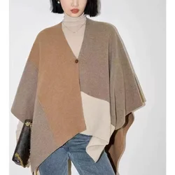 Autumn and winter high-end color matching pure wool knitted cardigan for women's design sense large shawl jacket casual  shawl