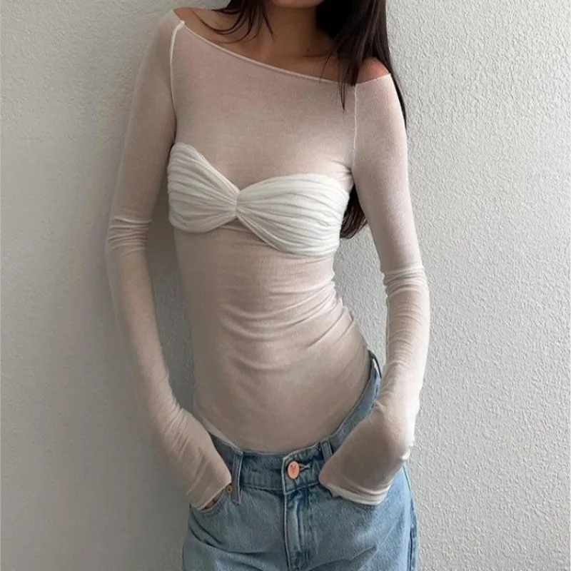 

Сексуальные марлевые футболки с длинными рукавами и плечами, женские тонкие однотонные универсальные футболки 2024, весенние женские модные топы с открытыми плечами