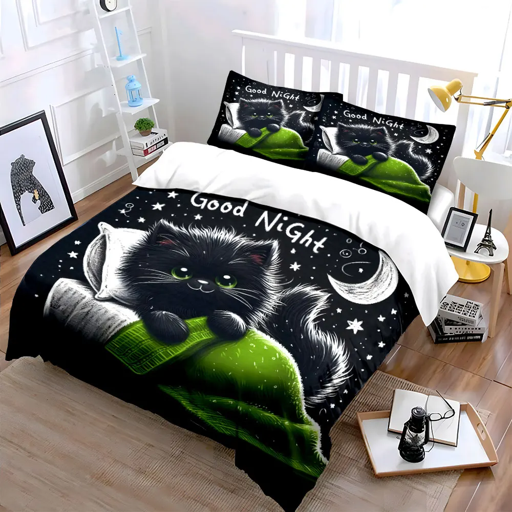 Cute Cat Bedding Set Night Bedding Set with 1 Duvet Cover 2 Pillowcases Single Double King Queen, Gift