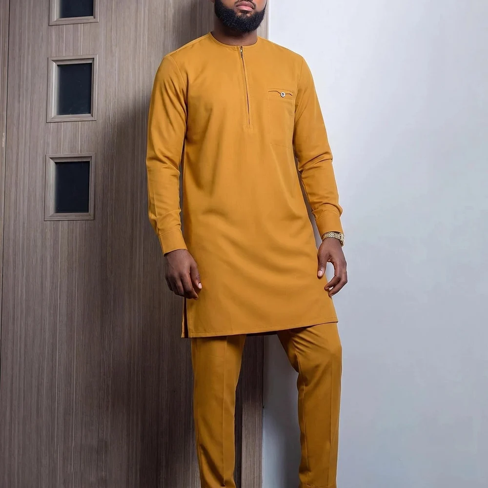 Traje tradicional africano Dashiki preto com gola redonda, ternos elegantes para homens, novo conjunto de 2 peças, roupas de marca de luxo, conjuntos completos de calças, roupas masculinas
