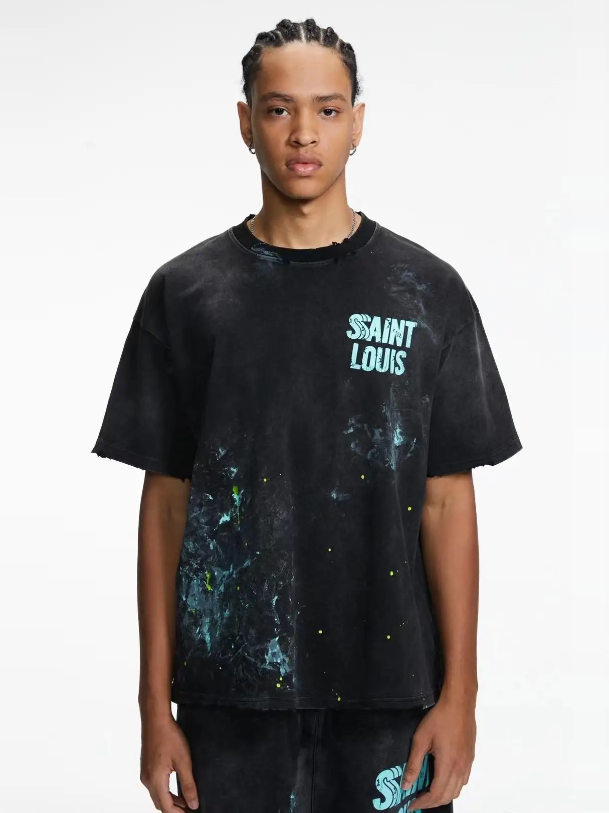 

Waed Vintage ort Sve T-irt Handmade Distred Ink Splatter Logo SSAAINT LOUIS Men's Loose Fit Cotton round Ne Tee