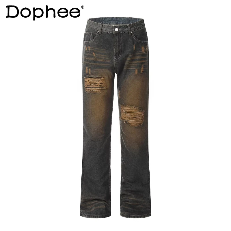 

Fashion High Street Hole Jeans Men Women Couple 2026 Spring Trend Handsome Denim Trousers High Street Straight Loose Denim Pants