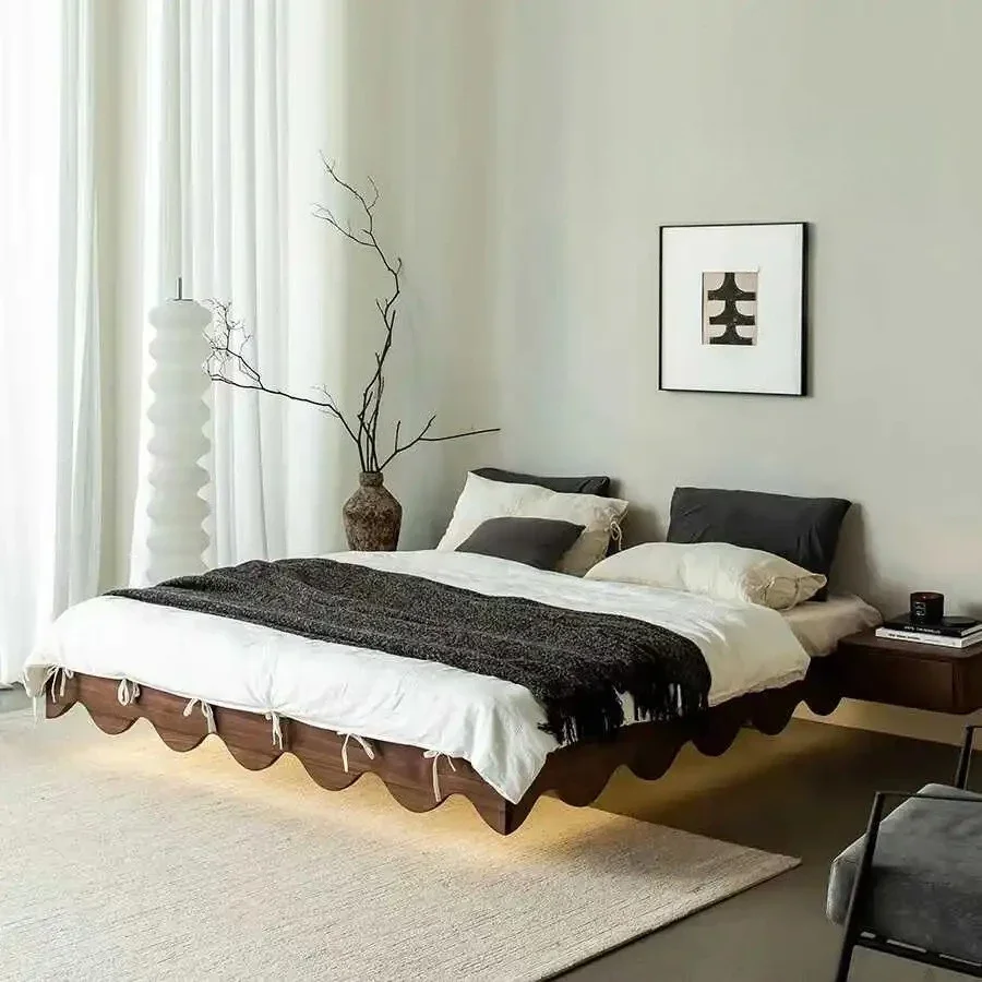 No bedside black walnut light luxury suspended bed with induction light with wave bed modern simple minimalist bed