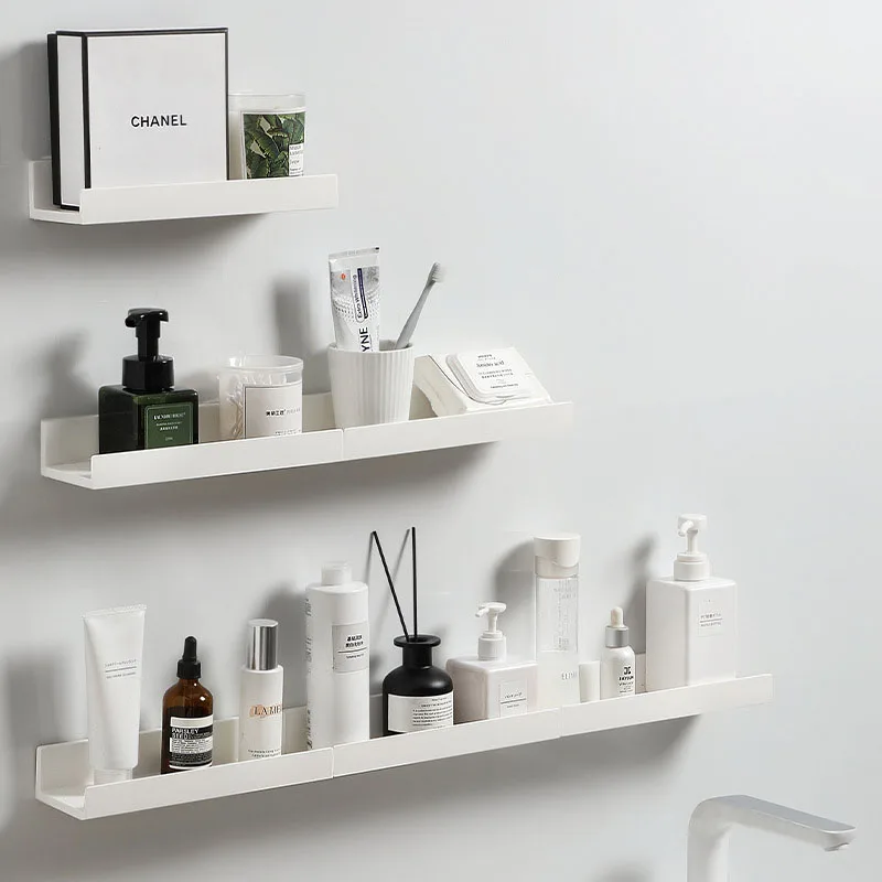 No Drill Bathroom Storage Shelf - T-Shaped HIPS Organizer for Toiletries, Moisture-Proof Wall Mount (White)