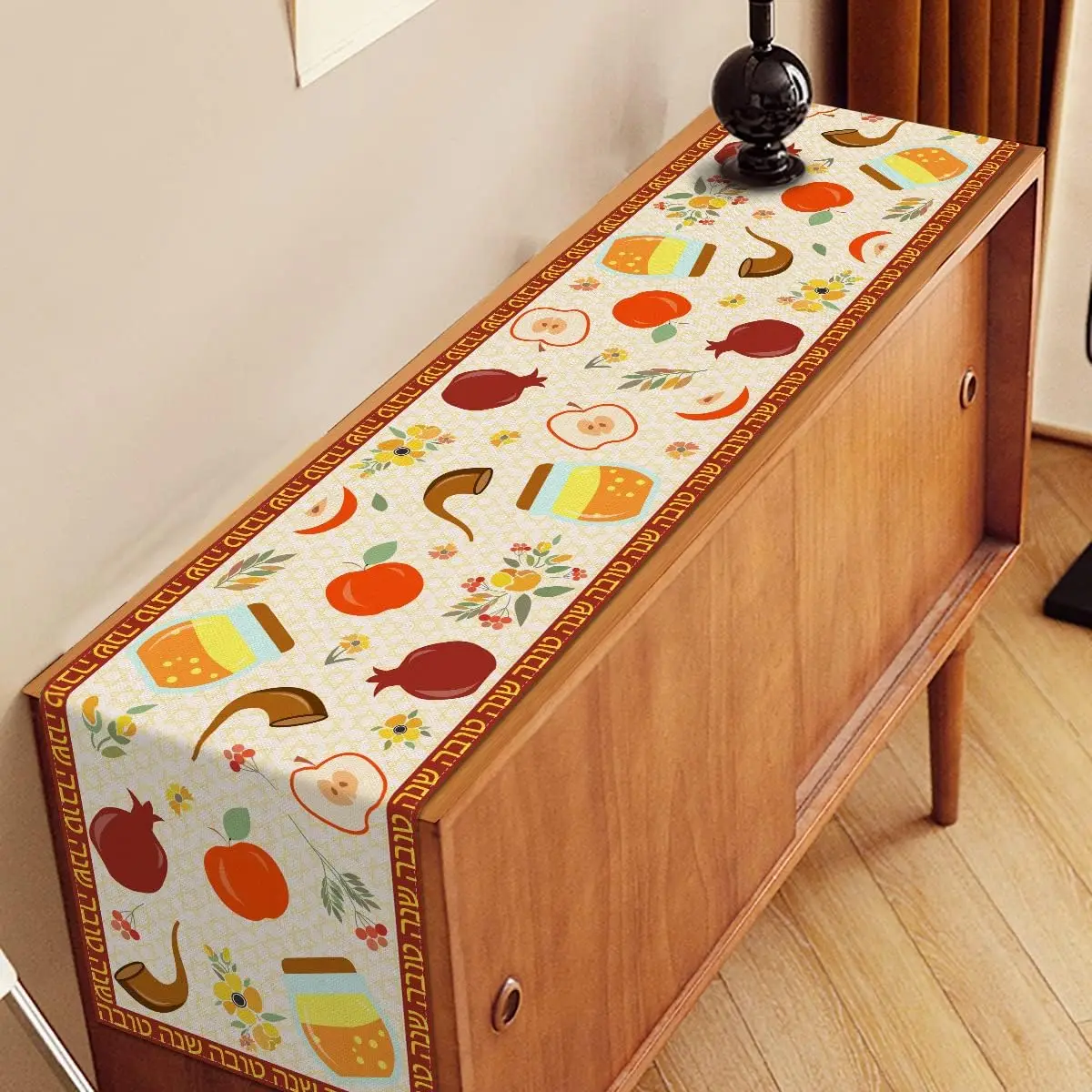 Rosh Hashanah Shofar Horn Pomegranate Linen Table Runner Jewish Holiday Decor Reusable Jewish New Year Shana Tova Decorations