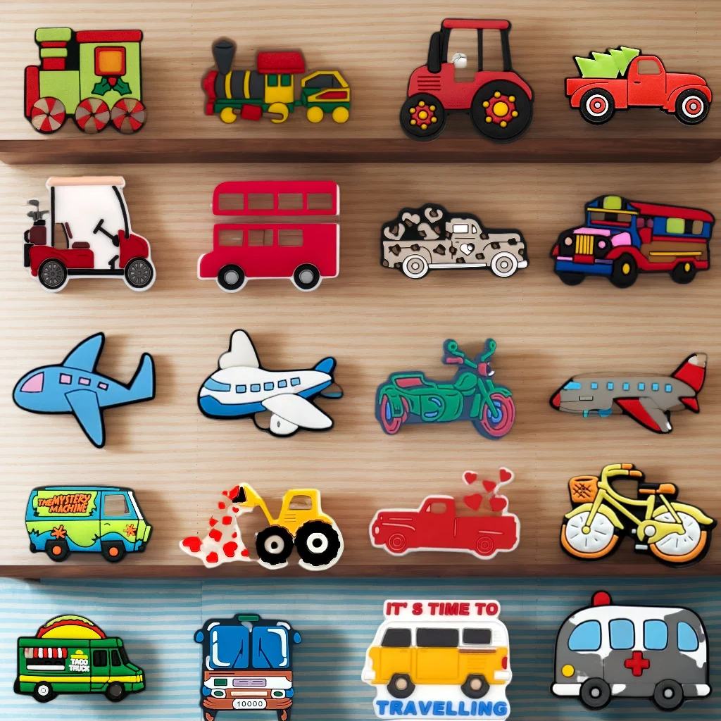 1-20Pcs Cute Cartoon Cars Shoes Accessories Truck Buses Bike Shapes Boys Girls Sandals Garden Shoe Buckle Decorations Fit Charm