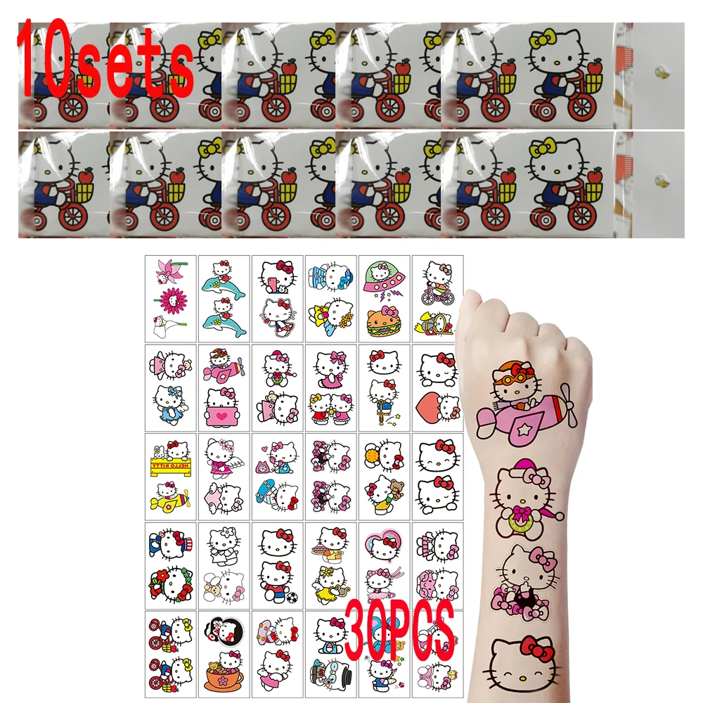 

2/3/4/5/10 комплектов, 30 шт., 3D мультфильм «Hello Kitty», временные татуировки, наклейки, милый красочный бант, котенок, лицо, боди-арт, наклейки, рождественские подарки