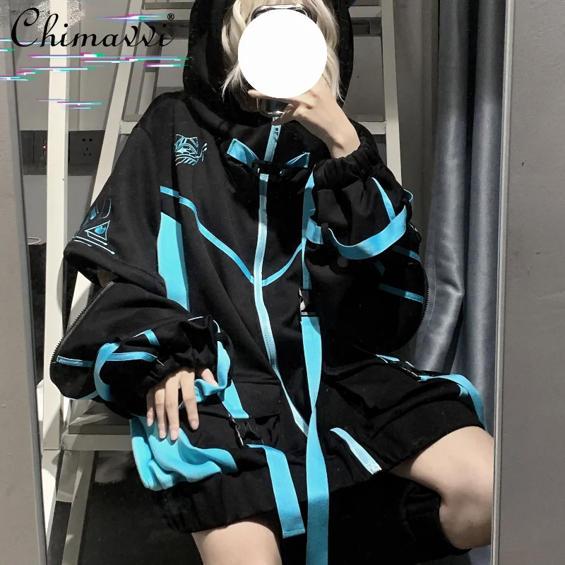 

Japanese Mechanical Style Sportswear Jacket Mine Couples Subculture Color Block Loose Hooded Zipper Hoodie Coat Leg Warmer