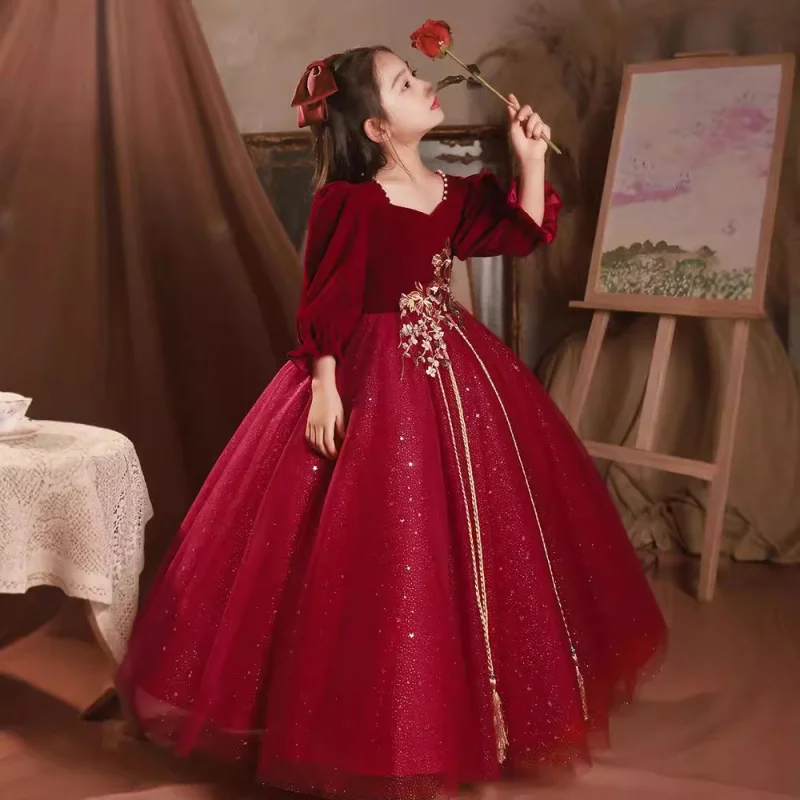 

Piano for Girls High-End Princess Dress Red Children's Host Flower Girl Wedding Performance Spring