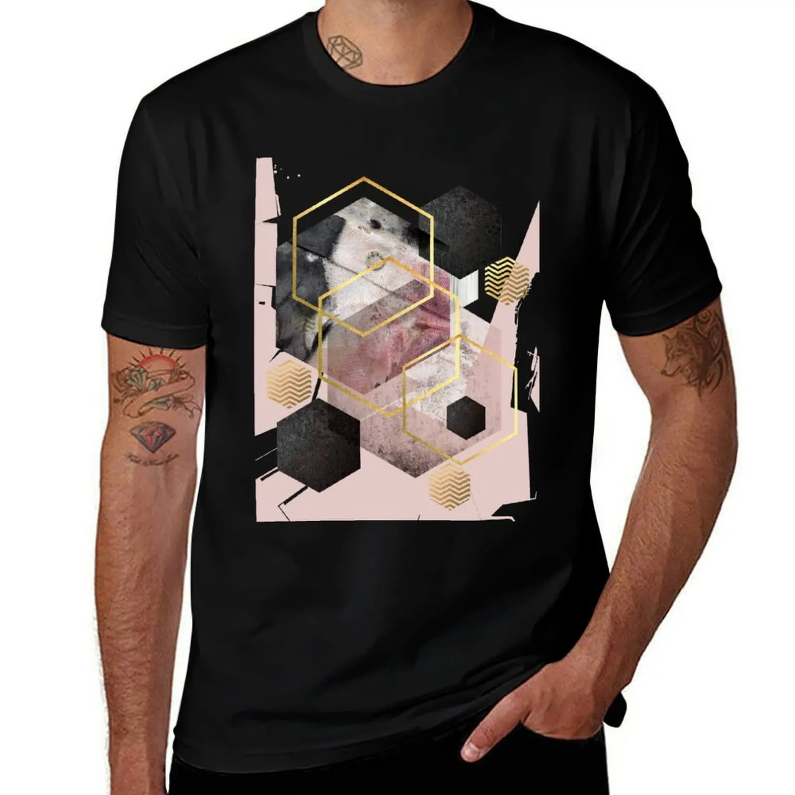 Abstract Geo in Blush Pink and Gold T-Shirt cotton t-shirt plain for man package T-Shirt