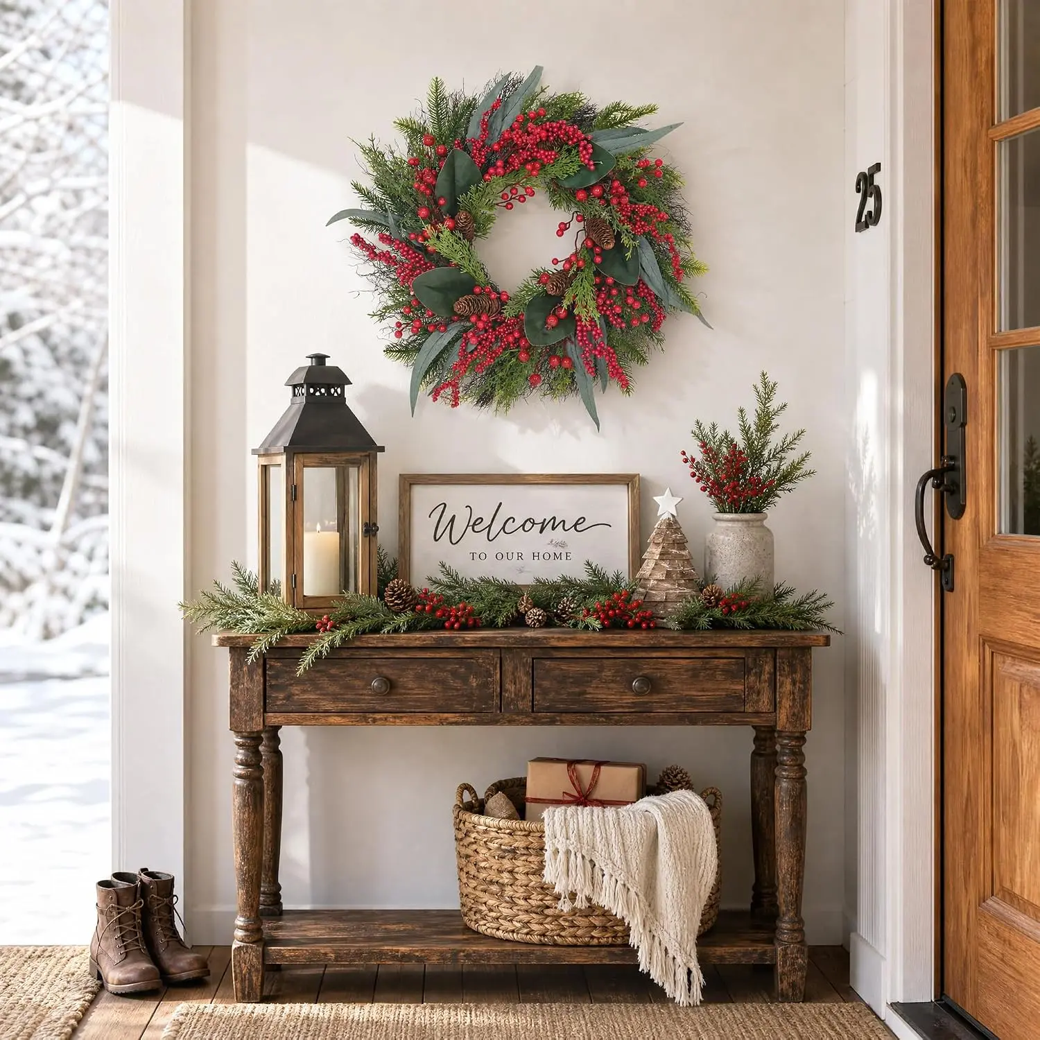 24 Inch Christmas Wreath for Front Door, PE and PVC Greenery Wreath with Large Leaves, Pine Cones and Red Berry Clusters, Holiday Decor for Mantel Wall Window Covered Porch