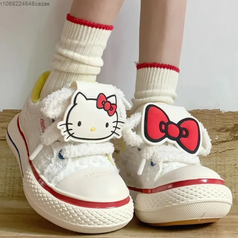 Sanrio Hello Kitty Cute Bow Thick Sole Canvas Shoes Women Spring Aesthetic Casual Sneakers Y2k Girl Fashion Low Top Board Shoes