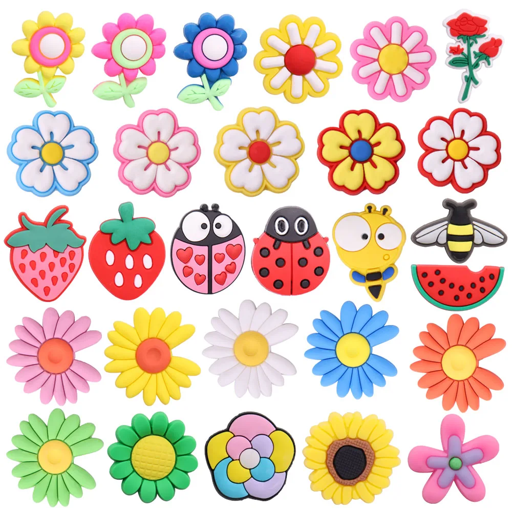 

Mix 50pcs PVC Shoe Charms Fit Wristbands Kawaii Colorful Flower Rose Strawberry Watermelon Hole Slipper Decoration Accessories