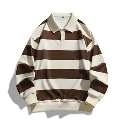 Spring and autumn striped long-sleeved POLO shirt men's trend all loose T-shirt hoodie men