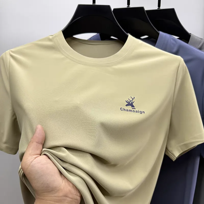 High end brand men short sleeve T-shirt fashion deer head letter embossed summer ice silk cool breathable casual round neck top