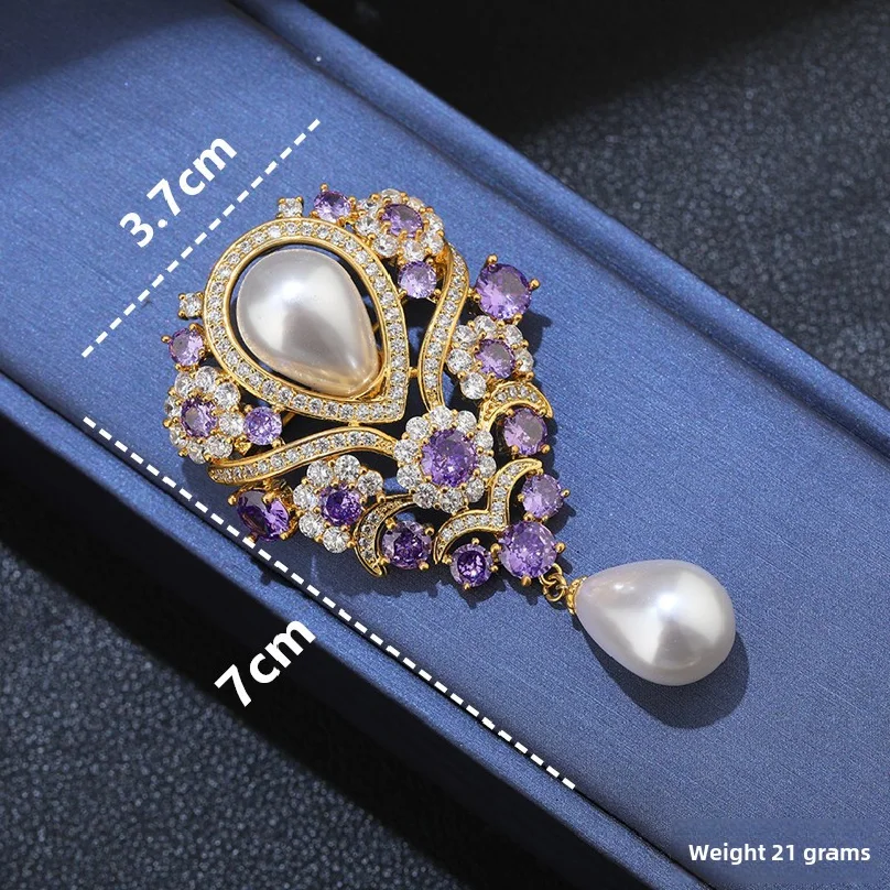 Retro Blue Crystal Big Waterdrop Pendant Brooch for Women Full of Rhinestone Brooch Pin Clothing Accessories Vintage Brooch
