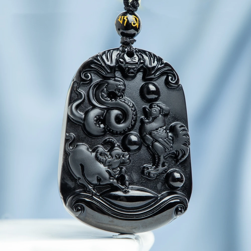 TIMESWIND Natural Obsidian Black Zodiac Snake Rooster Ox Guardian Pendant Men Bead Necklace with Certificate