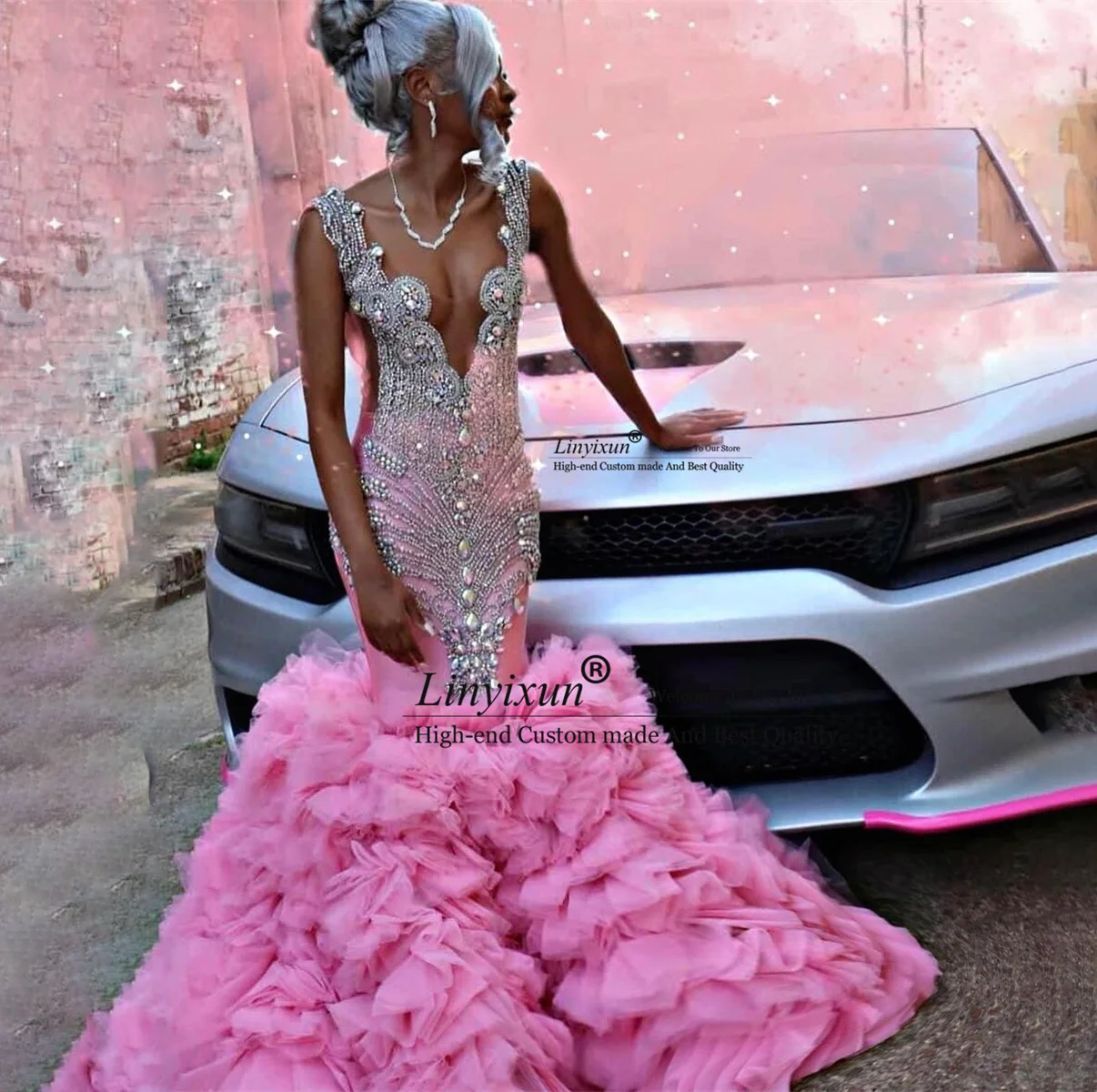 

Sexy Pink Sheer Neck Prom Dresses For Black Girls Mermaid Rhinestone Crystal Birthday Dress Evening Dresses Robe De Soiree