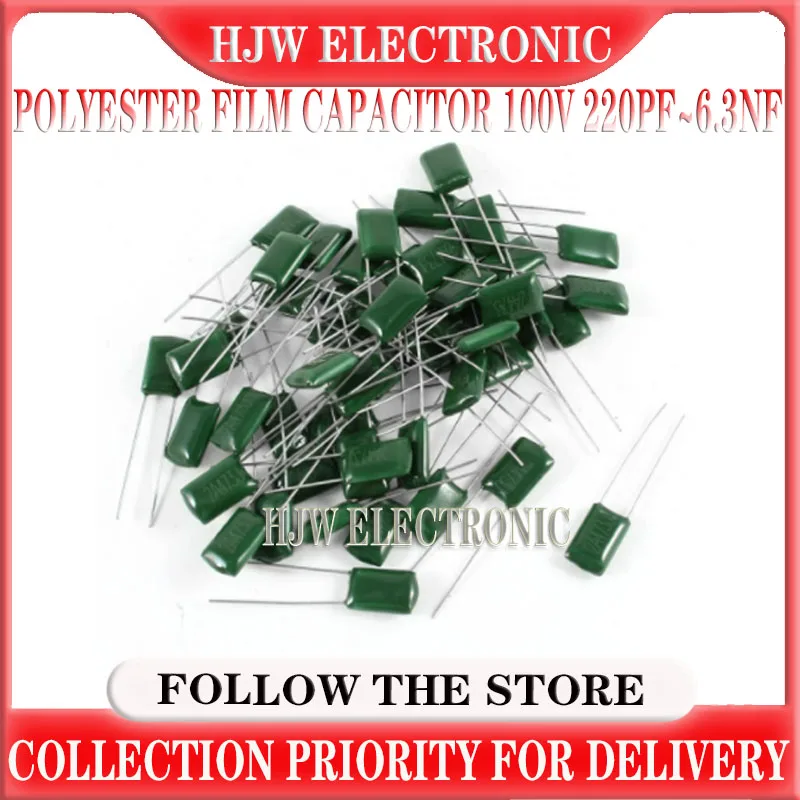 

50pcs Polyester film capacitor 100V 1nF 1.5nF 2.2nF 100nF 2A471J 2A102J 2A152J 2A222J 2A392J 2A332J 2A472J 2A103J 2A473J 2A104J