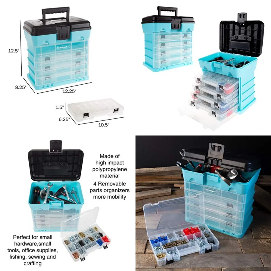 

Small Parts Organizer Box - 10-Inch Portable Storage Case with 4 Removable Multi-Compartment Trays for Screws, Beads, Small Fishing Tackle, Hardware, and Craft Supplies (Light Blue)