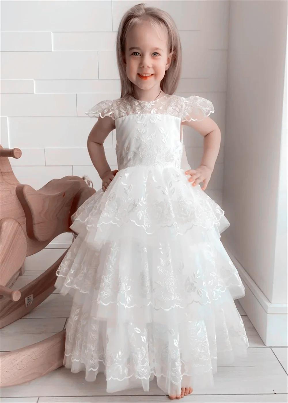 Vestidos de flores blancas para niña, apliques escalonados con lazo, Manga corta para boda, regalo de cumpleaños para niños, fiesta, vestidos de primera comunión