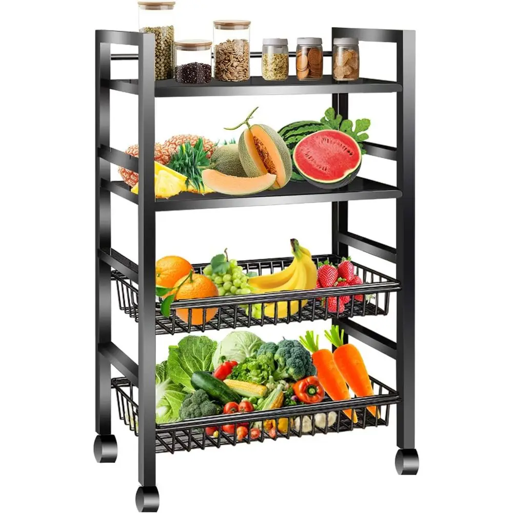 

Kitchen Storage Cart, Rolling Snack Cart, 23.6W 4 Tier ruit Basket Stand, Metal Pantry Storage with Stackable Wire Basket, Black