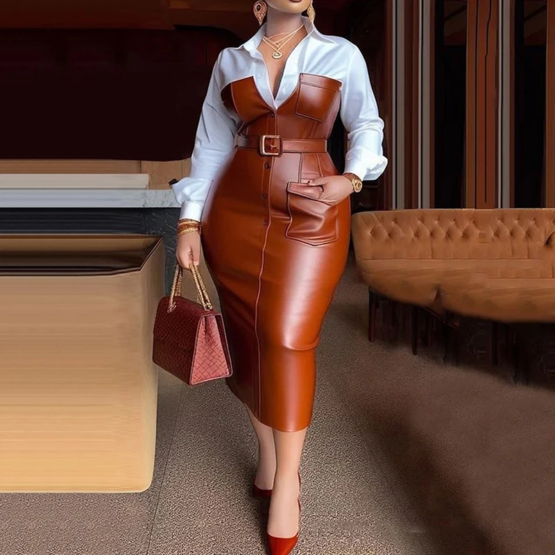 

Весенне-осенние новые женские платья с воротником-рубашкой, элегантное платье миди на пуговицах с длинными рукавами из искусственной кожи в стиле пэчворк с карманами и поясом