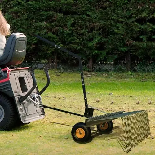 60'' Tow Behind Lawn Dethatcher,24 Durable Spring Steel Tines Lawn Dethatcher, Tow Behind Steel Pine Straw Rake Designed to and
