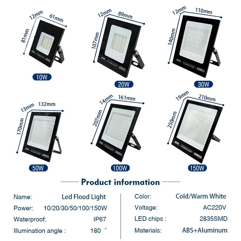 Imagem -02 - Impermeável Led Flood Light Refletor Spotlight Luz de Rua Lâmpada de Parede Iluminação Exterior do Jardim Ip67 20w 30w 50w 100w 150w 220v