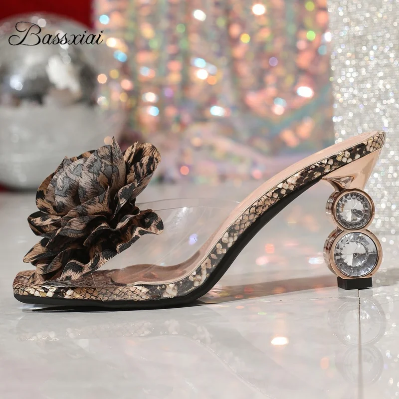 

Sexy Leopard Print Flower Sandals Women Crystal Decor Strange High Heel Slingbacks Summer Mules