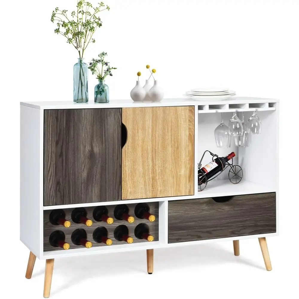 

Storage Sideboard with Wine Bar, 10-Bottle Holder, Glass Rack, Large Drawer, Wooden Pantry Cabinet (White & Wood)