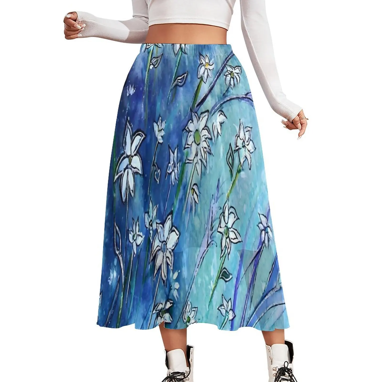 Retro Blue Fower Skirt Female Dainty Daisies Cute Boho Skirts Printed Elastic Waist Harajuku Casual Skirt Large Size