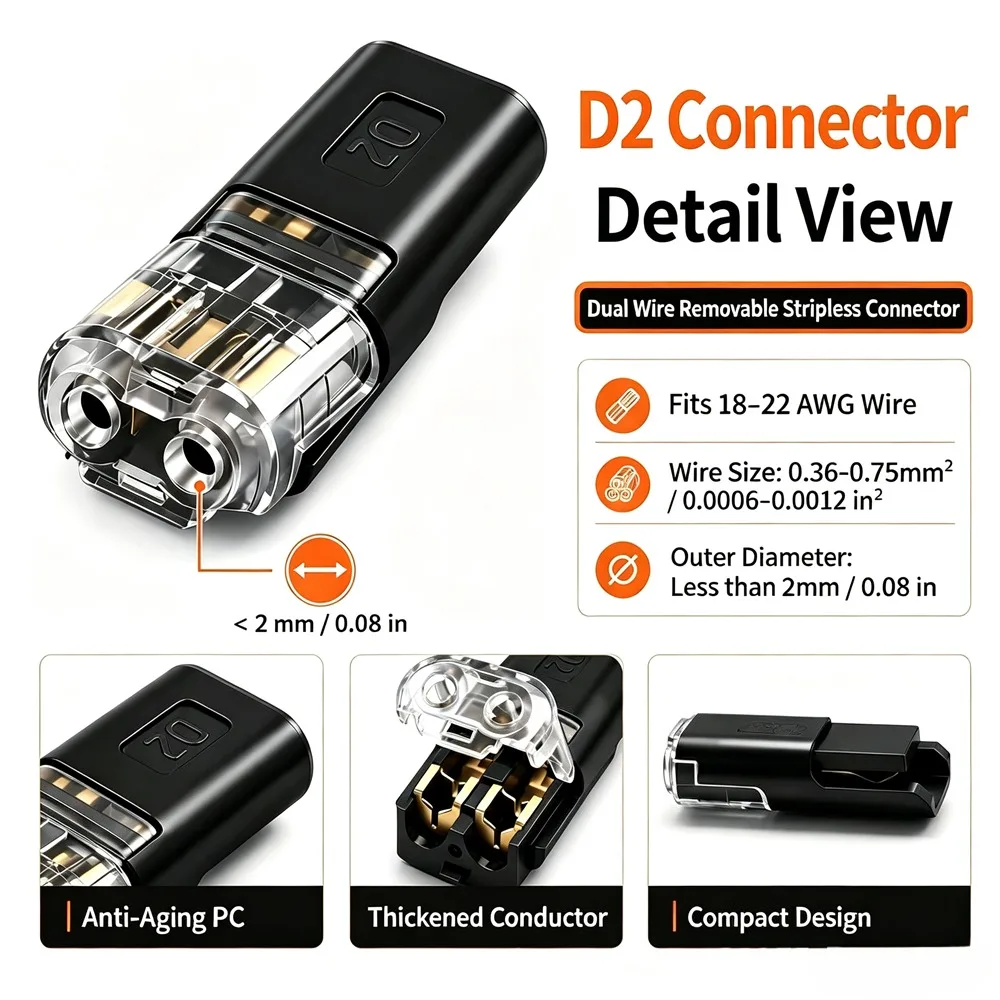 10/20/50pcs D2 Quick Wire Connector, Solder‑Free Stripless Insulated Wire Terminal,Durable electrical cable connector