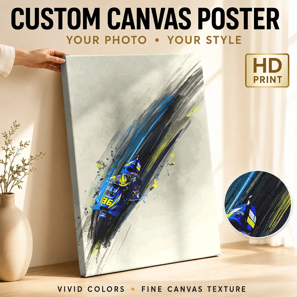 Póster en lienzo con marco de Joan Mir Racing, estilo abstracto, ideal para decorar paredes de hogares y oficinas, con opción de personalizar la imagen con una foto. Un regalo perfecto para cualquier aficionado al ciclismo.