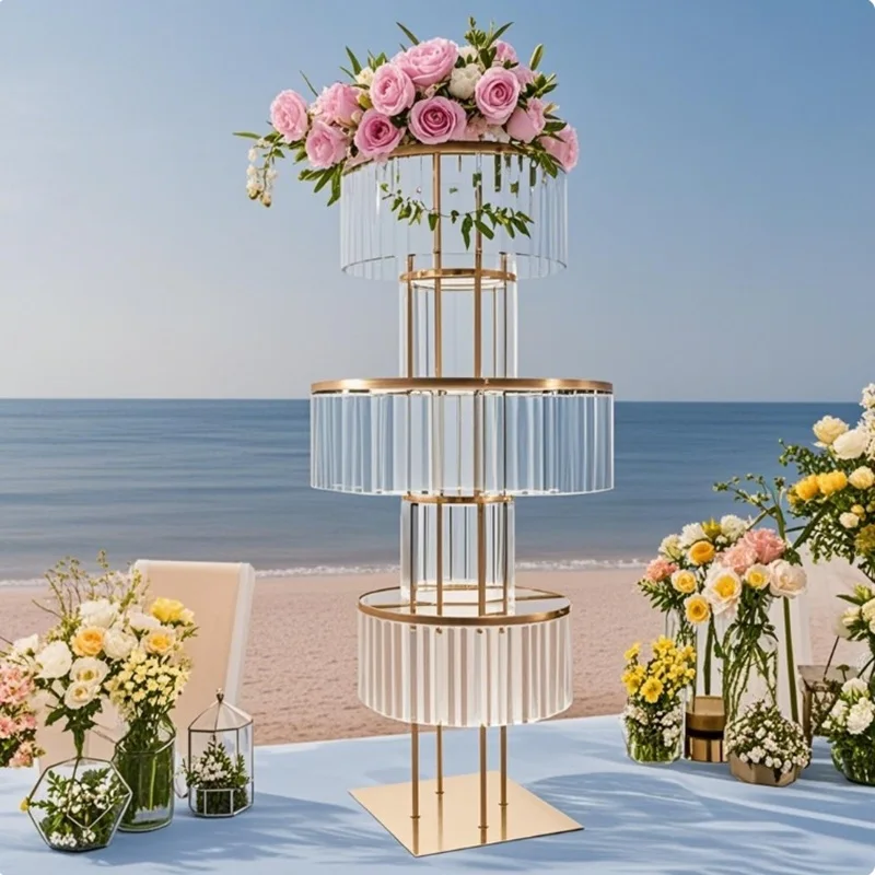 

1pcs 5-tier metal flower stand with hanging acrylic icicles, creating a beautiful golden vase centerpiece