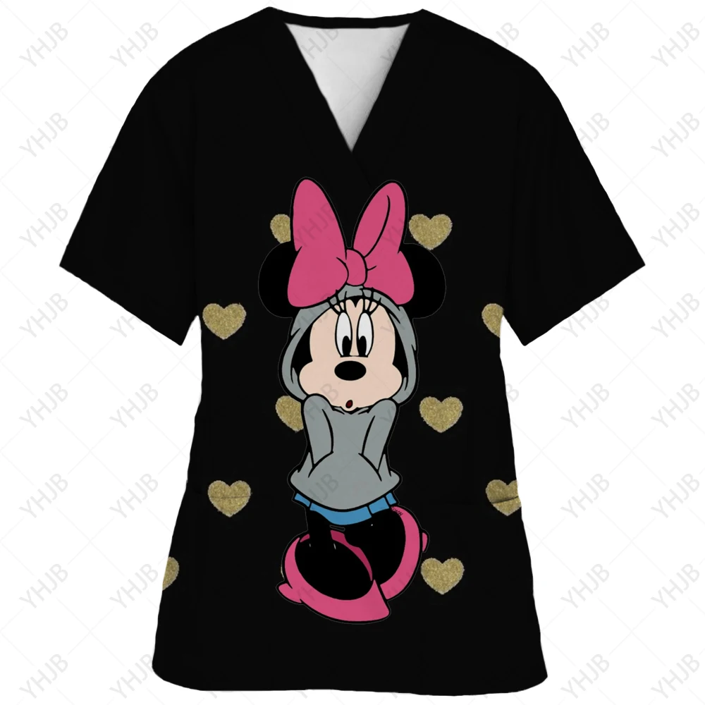 Disney Womens Nurse Style Scrub Tops Summer Mickey Mouse Cartoon Print Short Sleeve Uniform V Neck Summer Casual Tees