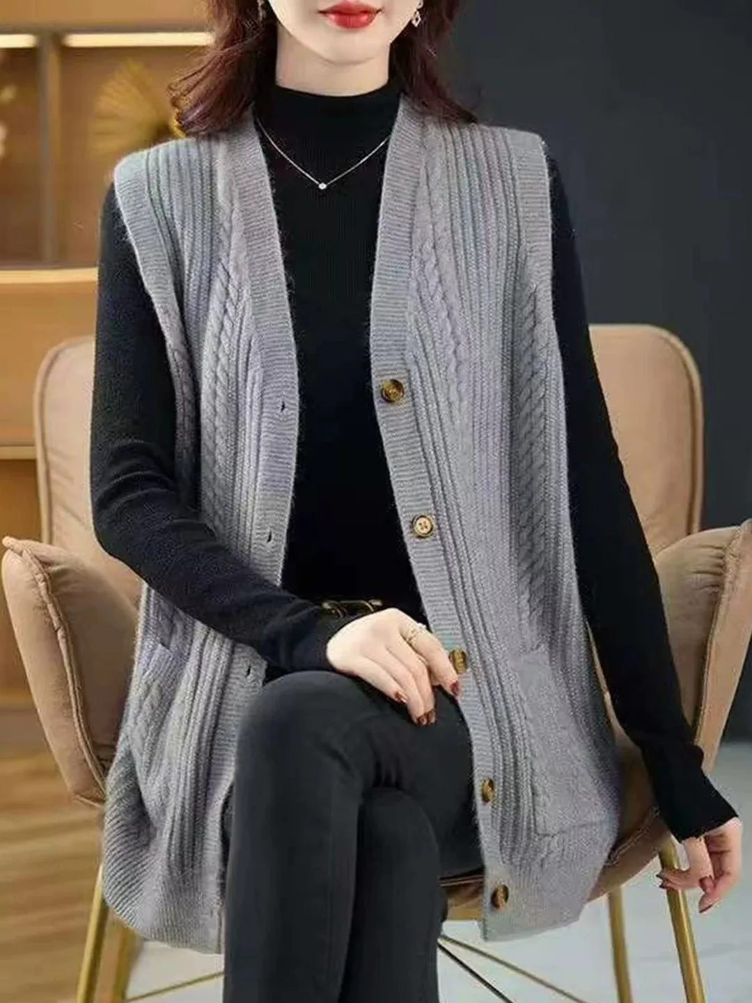 Loose V-Neck Pure Color Knitted Sweater Vest Women's Base Shirt Outerwear Spring Autumn New Style Korean Version Large Size